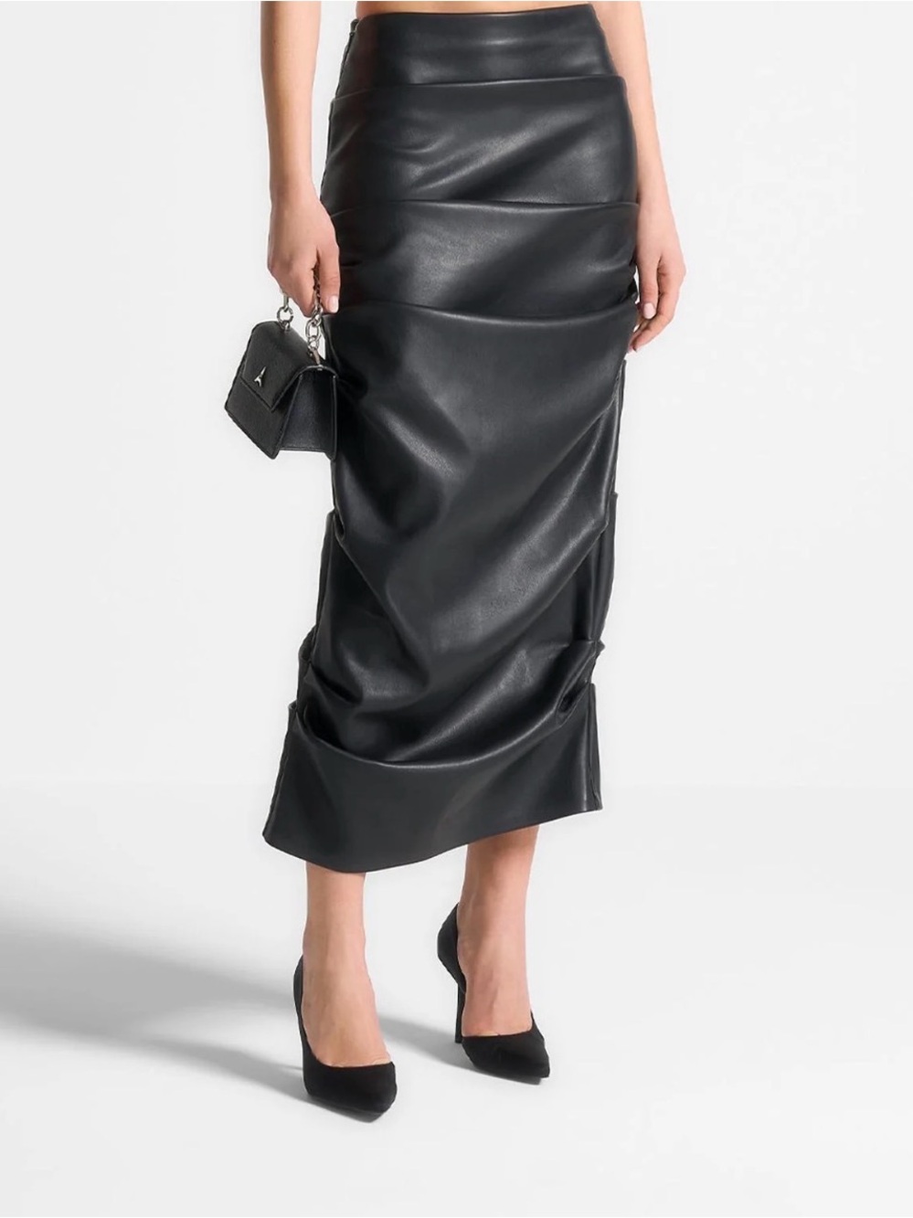 3 skirt bundle - Black faux-leather skirt. Blush ruched skirt. High slit skirt.